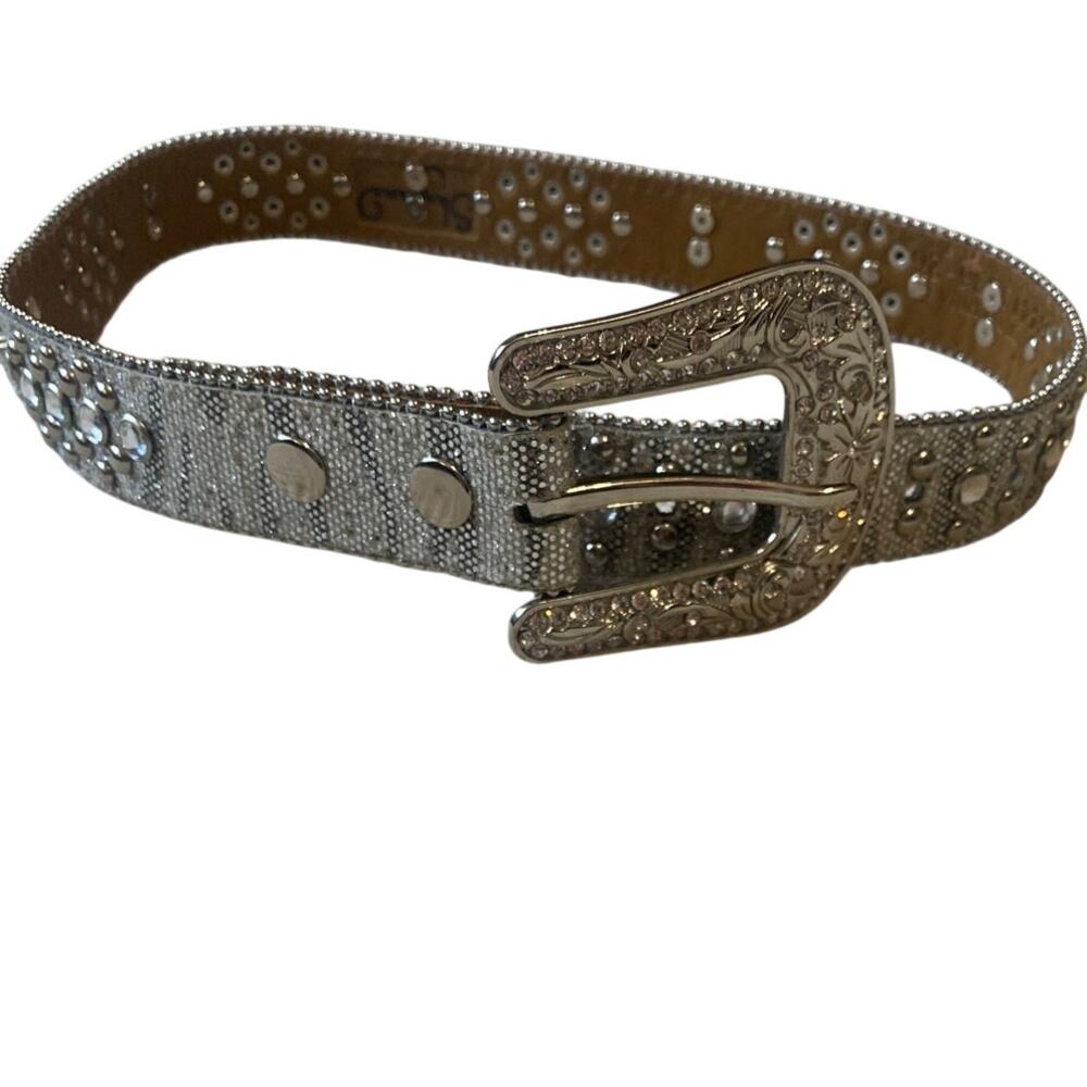 Western Belt Size 26 Rhinestone Bling Silver Glitter Crystal Cross Studded Y2K - Picture 2 of 10